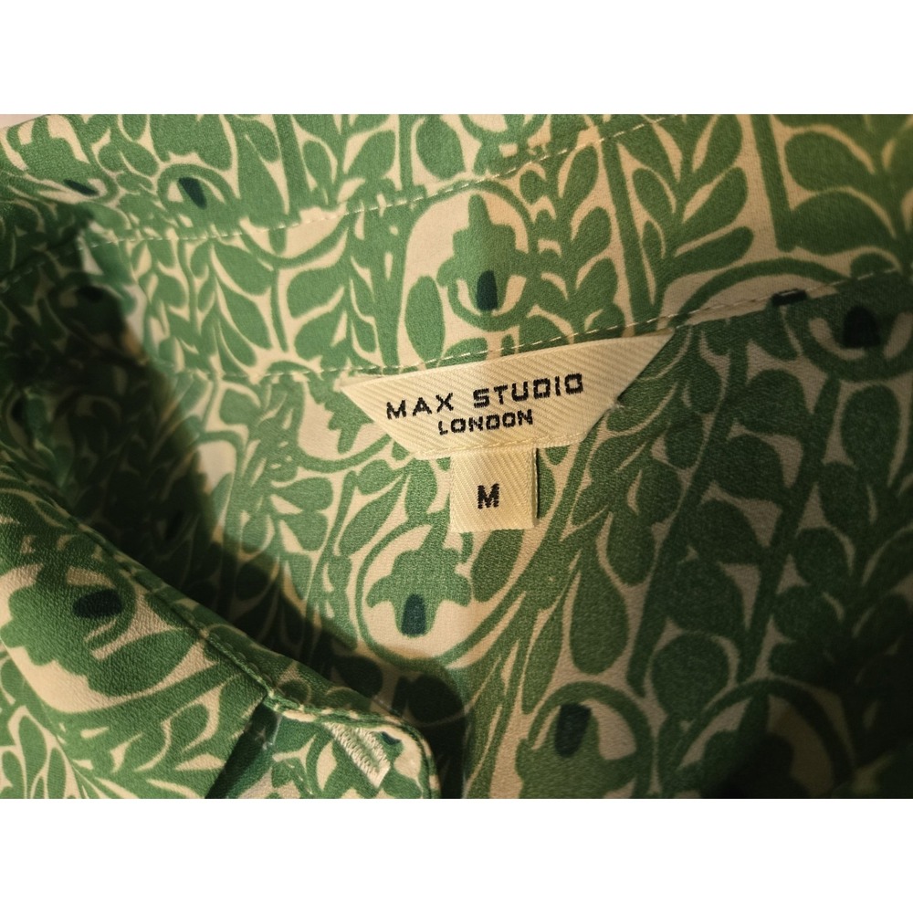 Max Studio London Crepe Tiered Maxi Dress Boho Green White Half Button Medium - Picture 2 of 8